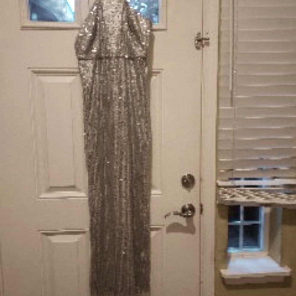 Adrianna Papell Silver sequence floor length dress.  Size 6P.